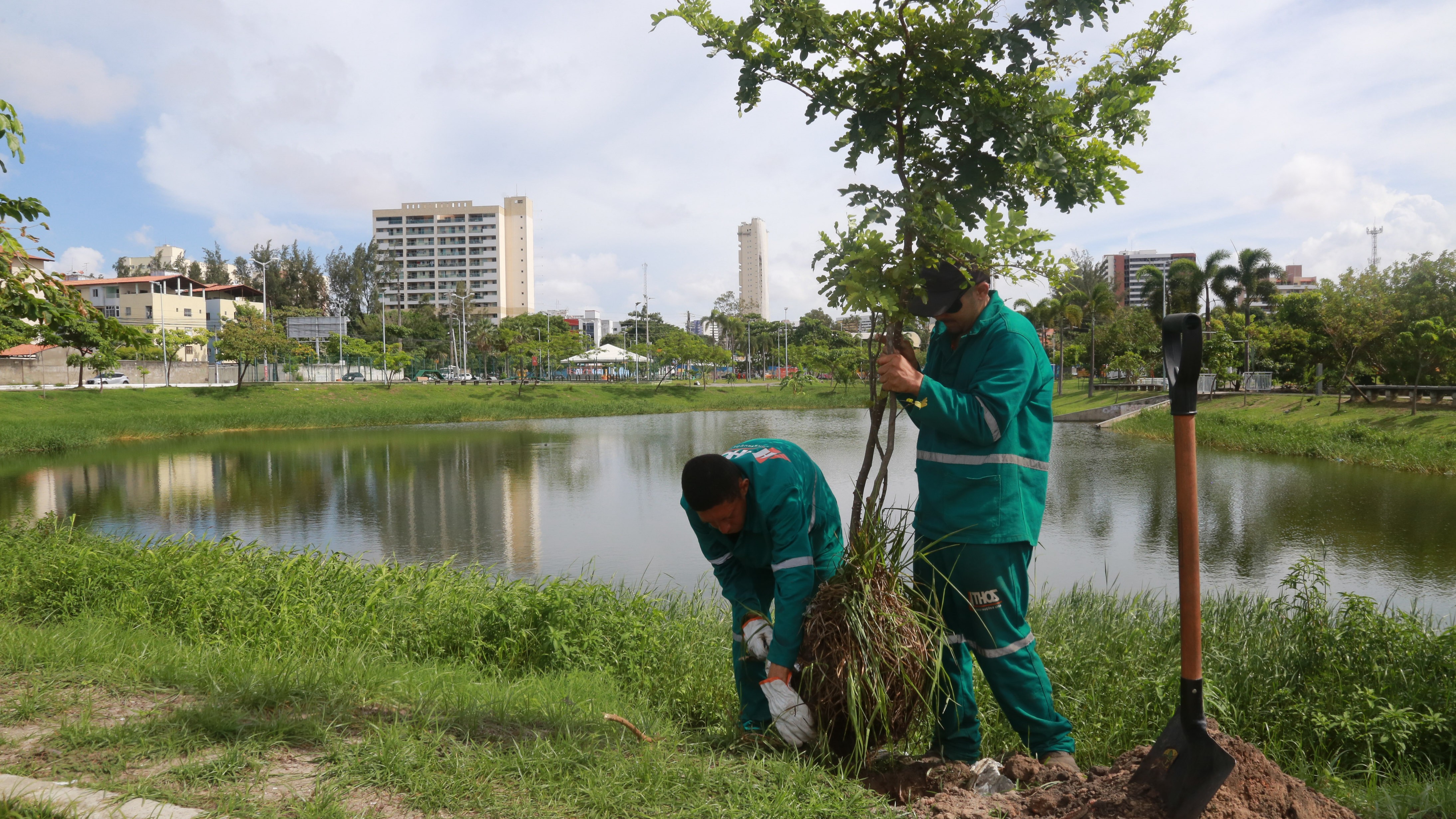 dois homens plantando uma muda na beira de uma lagoa